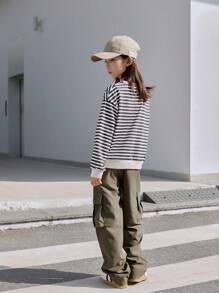 Ensemble de tenue d'automne pour ados filles, style de rue décontracté: sweat-shirt ample rayé style chauve-souris et pantalon cargo à taille élastique et jambes larges de couleur unie