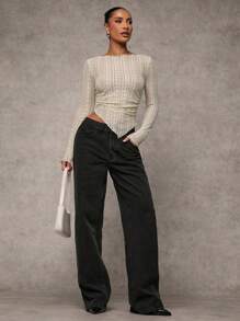 SHEIN BAE 1 件女式花卉蕾丝圆领长袖不对称下摆修身衬衫 - 杏色 - 查看 3