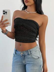 Aloruh Women's New Solid Color Elegant Romantic Lace Bow Ruffle Shirred Bust Cropped Bandeau Top - Black - View 3