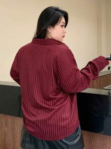 Dazy Plus 加大码常规领条纹宽松长袖衬衫，适合农历新年、春夏秋、秋季女装 - 酒紅色 - 查看 2