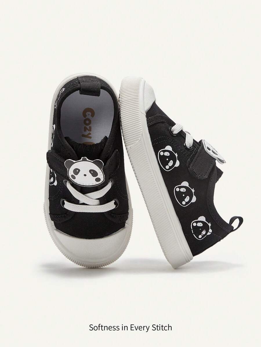 Cozy Pixies 1 双男童熊猫钩环帆布平底休闲运动鞋适合日常穿着，四季皆宜（图案随机） - 黑色 - 查看 1