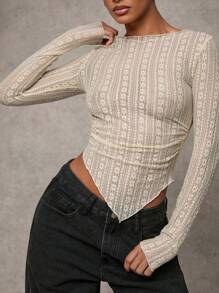 SHEIN BAE 1 件女式花卉蕾丝圆领长袖不对称下摆修身衬衫 - 杏色 - 查看 6