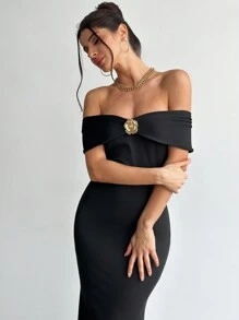 Firerie 优雅金属装饰露肩紧身美人鱼长裙，浪漫约会和日常穿着，节日/春季/夏季 - 黑色 - 查看 3