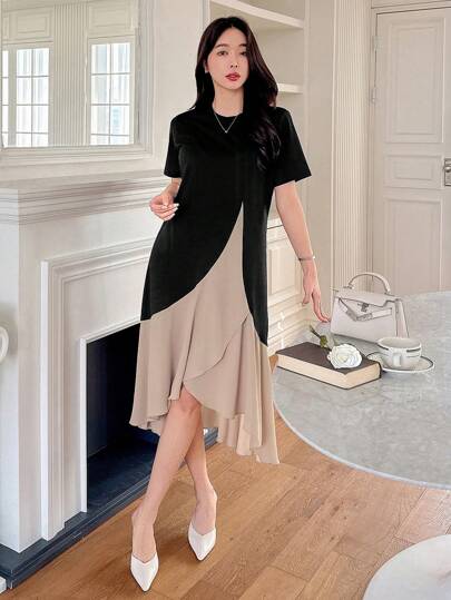 DAZY Color Block Ruffle Hem T-Shirt Dress For Women Sundress,Casual Women Dresses