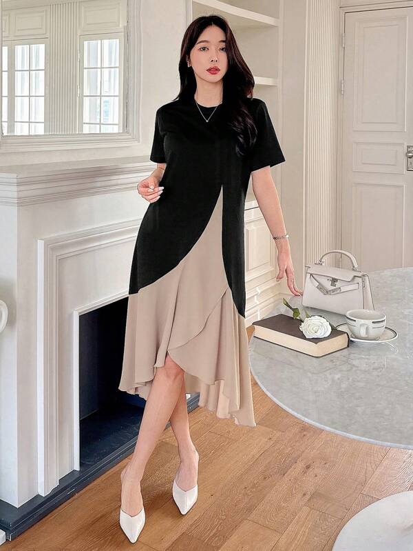 DAZY Color Block Ruffle Hem T-Shirt Dress For Women Sundress,Casual Women Dresses