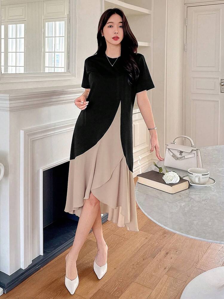 Color Block Ruffle Hem T-Shirt Dress For Women Sundress,Casual Women Dresses