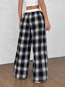 Comfortcana 女士格子系腰阔腿宽松休闲裤 - 黑與白 - 查看 2