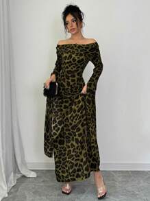 Elenzga Women's Leopard Print Off-Shoulder Ultra-Long Sleeve Dress - Olive Green - View 6