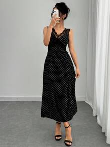 Chiquease 性感优雅优雅V领蕾丝拼接波点印花紧身连衣裙 - 黑色 - 查看 6