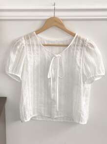 DAZY Women Round Neck Textured Casual Short Sleeve Tie Front Blouse Summer - White - View 4