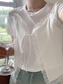 DAZY Women's 2 In 1 Lace Splice Round Neck Short Sleeve T-Shirt - White - View 3