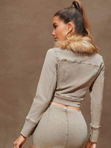 Denimoi Chaqueta vaquera de manga larga con cremallera y cuello de piel - Marrón - Ver 5