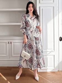 DAZY 2pcs/Set Women Floral Puff Sleeve Shirt And Skirt Outfit,Teacher Outfits,Fall Women Clothes Vacation Outfits Women - Red - View 5