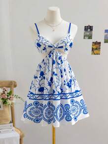 Soleia Women's Floral Print Sleeveless Dress, Suitable For Vacation - Blue and White - View 3