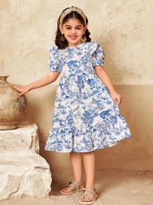 SHEIN Vestido midi de manga abullonada, cuello redondo, cintura recogida, con estampado de paisaje, elegante y retro, casual y suelto, para vacaciones, para niña - Azul - Ver 8