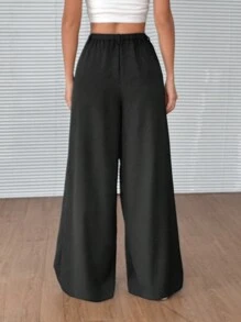 SHEIN EZwear Pantalones casuales sueltos de pierna ancha y plisados de unicolor, versátiles, para mujer
