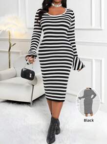 SHEIN Lady Vestido elegante con escote redondo de lana peinada negro y blanco para trabajo y oficina, vestido lápiz con volantes en las mangas, talla grande tallas, vestido de punto largo con mangas para otoño e invierno - Blanco y Negro - Ver 1