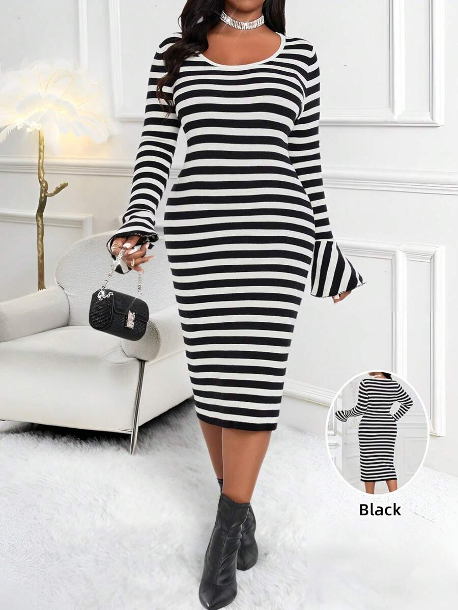 SHEIN Lady Vestido elegante con escote redondo de lana peinada negro y blanco para trabajo y oficina, vestido lápiz con volantes en las mangas, talla grande tallas, vestido de punto largo con mangas para otoño e invierno - Blanco y Negro - Ver 1