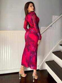 Firerie Vestido elegante y romántico de estilo elegante para mujer, adecuado para fiesta, vacaciones, vuelta al colegio, cita romántica y boda, vestido de fiesta, vestido de manga larga ajustado con pliegues y estampado floral en degradado morado - Multicolor - Ver 3