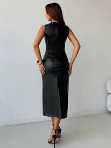 Aloruh 女士中长款黑色皮革不对称金属剪裁简约优雅连衣裙领情人节女士连衣裙夏季女士服装派对外出连衣裙音乐会 - 黑色 - 查看 2