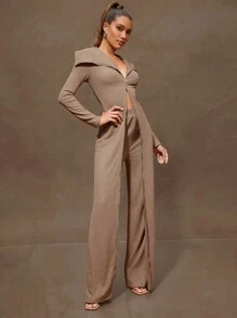 Denimoi Women's Solid Color Zip-Up Long Sleeve Ribbed Jumpsuit - Khaki - View 5
