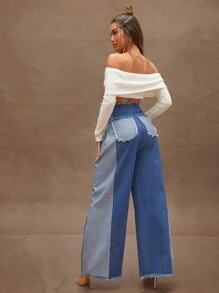 Denimoi Vaqueros casuales de mujer con botones delanteros, parches y bolsillos - Azul lavado oscuro - Ver 2
