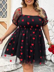 SHEIN CURVE+ CURVE PLUS /Valentine's Day/Curve Plus Embroidered Doll Mesh Dress, Red, Heart-Shaped, Valentine's Day, Fluffy Skirt, Princess Dress. Party Valentine's Day, Romantic Valentine's Day - Blue - View 5
