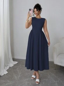 Elenzga 加大码女式纯色圆领褶皱无袖优雅连衣裙长款女装 - 藏蓝色 - 查看 3