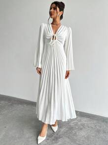 Firerie Valentinstag Damen V-Ausschnitt Zugband plissiertes Weitausschwingendes-Ärmel tailliertes langes weißes Kleid, elegantes minimalistisches Design für den Alltag, Dates, Partys, romantische Anlässe, Herbst/Winter/Frühling, weißes Abschlussballkleid - Weiss - Übersicht 2
