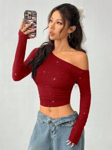 SHEIN EZwear Women's Sparkle Top, Dark Red Glitter Bling Top, One Shoulder Long Sleeve Crop Top,Off The Shoulder Top
