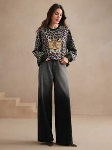 Anewsta Fashionable City Leopard Print Rhinestone Crew Neck Sweatshirt Pullover Fall Sweatshirt - Grey - View 7