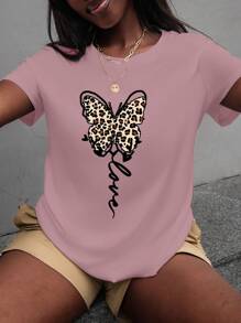 Maweii 大码女式豹纹蝴蝶印花圆领短袖夏季休闲 T 恤图案 T 恤女式上衣 - 粉色 - 查看 3