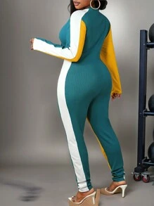 Slaydiva Damen Große Größen Lässig Raglan Ärmel Splice Zweifarbiger Rippenstoff Jumpsuit - Verschiedenfarbig - Übersicht 5