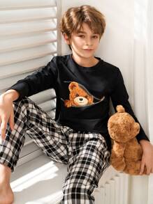 SHEIN Bộ 2 món/Bộ áo thun dài tay cổ tròn in hình gấu hoạt hình cho bé trai và quần ống đứng họa tiết kẻ caro, bộ đồ ngủ thoải mái và giản dị - Màu xanh hải quân - Xem 6