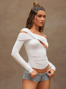 Denimoi One Shoulder Cut Out Fashion Top Simple Fashionable Daily Casual - White - View 5