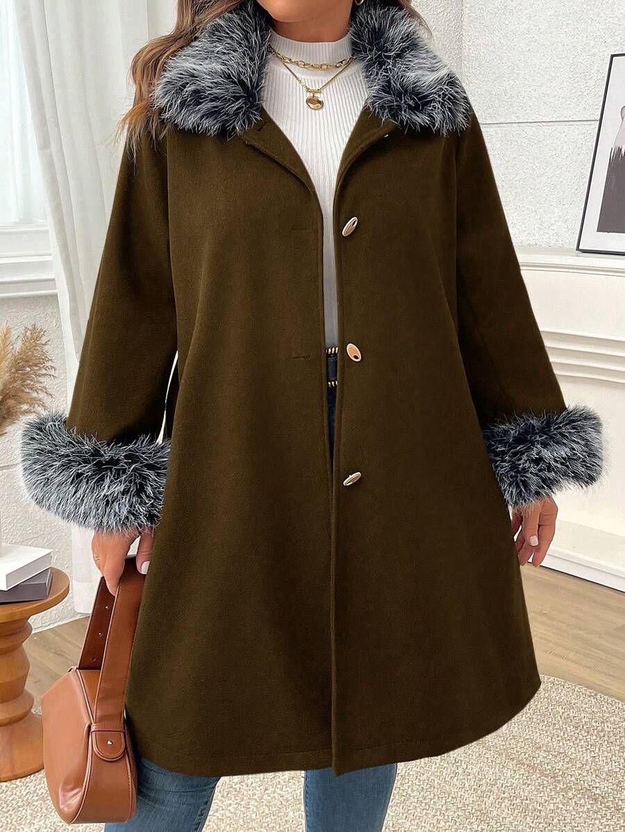SHEIN LUNE Plus Size Minimalist Fashion Casual Overcoat, Daily Wear - Brown - View 1