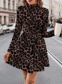 SHEIN Clasi Leopard Print Waist-Cinching A-Line Dress For Women - Rust Brown - View 6