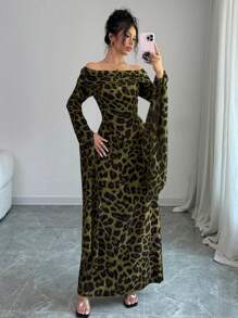 Elenzga Women's Leopard Print Off-Shoulder Ultra-Long Sleeve Dress - Olive Green - View 3