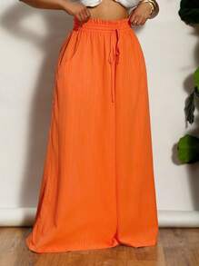 Slaydiva Women Plus Size Vacation Textured High Waist Wide Leg Pants - Orange - View 7