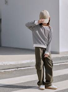 Ensemble de tenue d'automne pour ados filles, style de rue décontracté: sweat-shirt ample rayé style chauve-souris et pantalon cargo à taille élastique et jambes larges de couleur unie