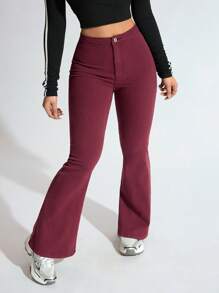 SHEIN Privé Women's Flared Casual Versatile Denim Jeans - Burgundy - View 4