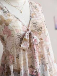 Soleia Women's Romantic Rose & Butterfly Print Lace Tied Flared Sleeve Blouse, Vacation/Valentine's Day