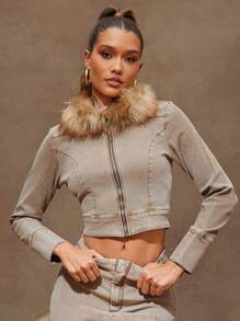 Denimoi Chaqueta vaquera de manga larga con cremallera y cuello de piel - Marrón - Ver 3