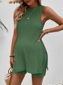 SHEIN 2pcs/Set Maternity Sleeveless Solid Color Top And Shorts Set, Casual And Fashionable For Daily Wear - Green - View 3