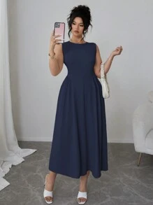 Elenzga 加大码女式纯色圆领褶皱无袖优雅连衣裙长款女装 - 藏蓝色 - 查看 4