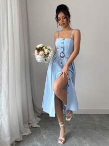 Chiquease Cài nút phía trước một hàng khuy, có thắt lưng, phong cách ngày lễ, thanh lịch và thời trang khi đi chơi, váy chữ A dài vừa phải màu xanh lam có dây đeo cho nữ, váy midi mùa hè, váy cài nút cho nữ, váy suông cho nữ, váy đi nghỉ cho nữ, váy chống nắng cho nữ - Màu xanh lam - Xem 4