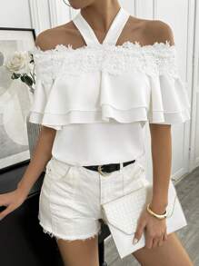 Chiquease Chemisier élégant pour femmes à épaules dénudées avec volants en couleur unie