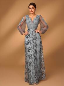 Serin Rochie maxi elegantă, strălucitoare, cu decolteu în V, cu mâneci lanternă, potrivită pentru mama miresei/mirelor la petrecerea de seară, nuntă, banchet formal