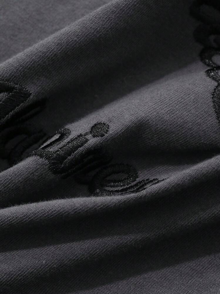 FRIFUL 女士撞色圆领字母刺绣休闲街头风七分袖宽松T恤，春夏超大码T恤 - 灰色 - 查看 3