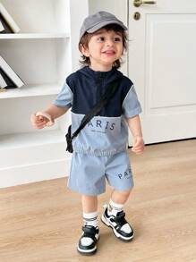 2 件套男婴字母印花撞色连帽夹克和短裤套装，适合春夏季室内外穿着 - 藍色 - 查看 5